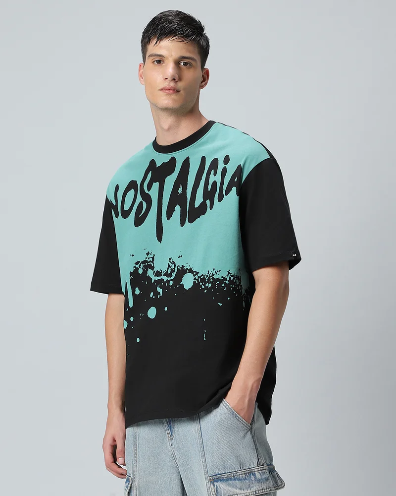 بيواكوف Men's Black & Green Nost Graphic Printed Oversized T-shirt